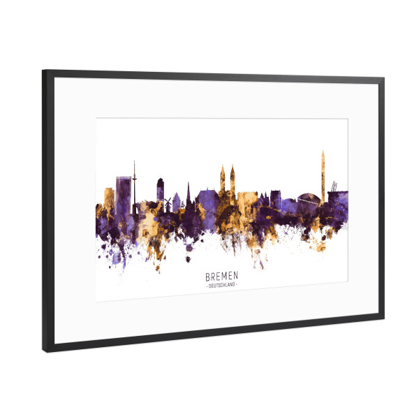 Poster mit Rahmen Schwarz (Metallic) "Bremen Germany Skyline PurpleGold" artboxONE - Städte
