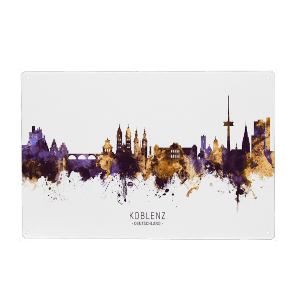 Metall Poster "Koblenz Germany Skyline PurpleGold" artboxONE - Städte - Koblenz,Deutschland,Skyline,Cityscape,Stadtbild,Watercolor,Painting