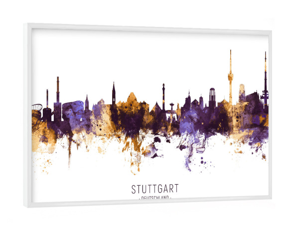 Poster mit weißem Rahmen "Stuttgart Skyline PurpleGold" artboxONE - Städte / Stuttgart