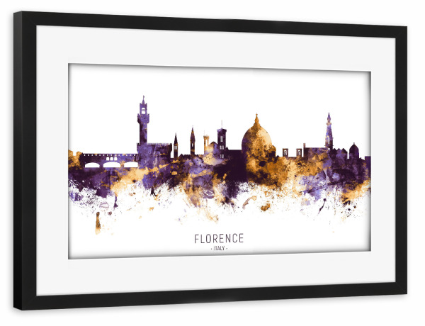 Poster mit Rahmen schwarz "Florence Italy Skyline PurpleGold" artboxONE - Städte - Florence,Italy,Skyline,Cityscape,Stadtbild,Watercolor,Painting