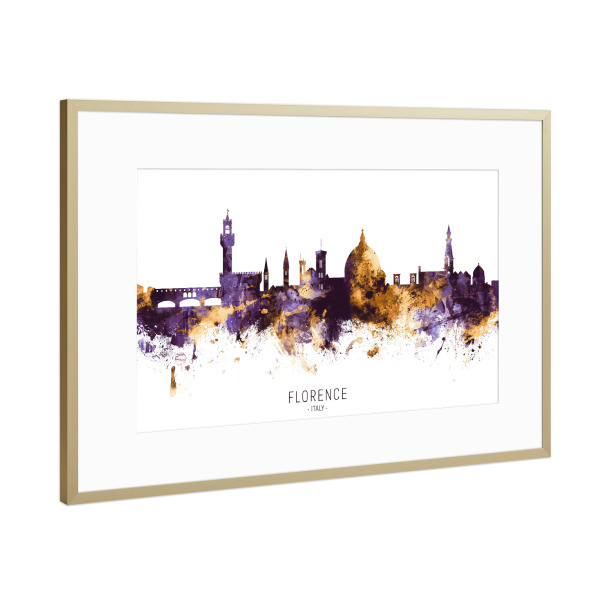 Poster mit Rahmen Gold "Florence Italy Skyline PurpleGold" artboxONE - Städte - Florence,Italy,Skyline,Cityscape,Stadtbild,Watercolor,Painting