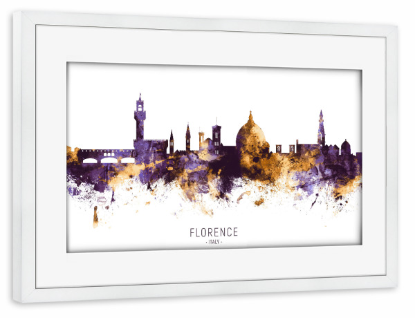 Poster mit Rahmen weiß "Florence Italy Skyline PurpleGold" artboxONE - Städte - Florence,Italy,Skyline,Cityscape,Stadtbild,Watercolor,Painting