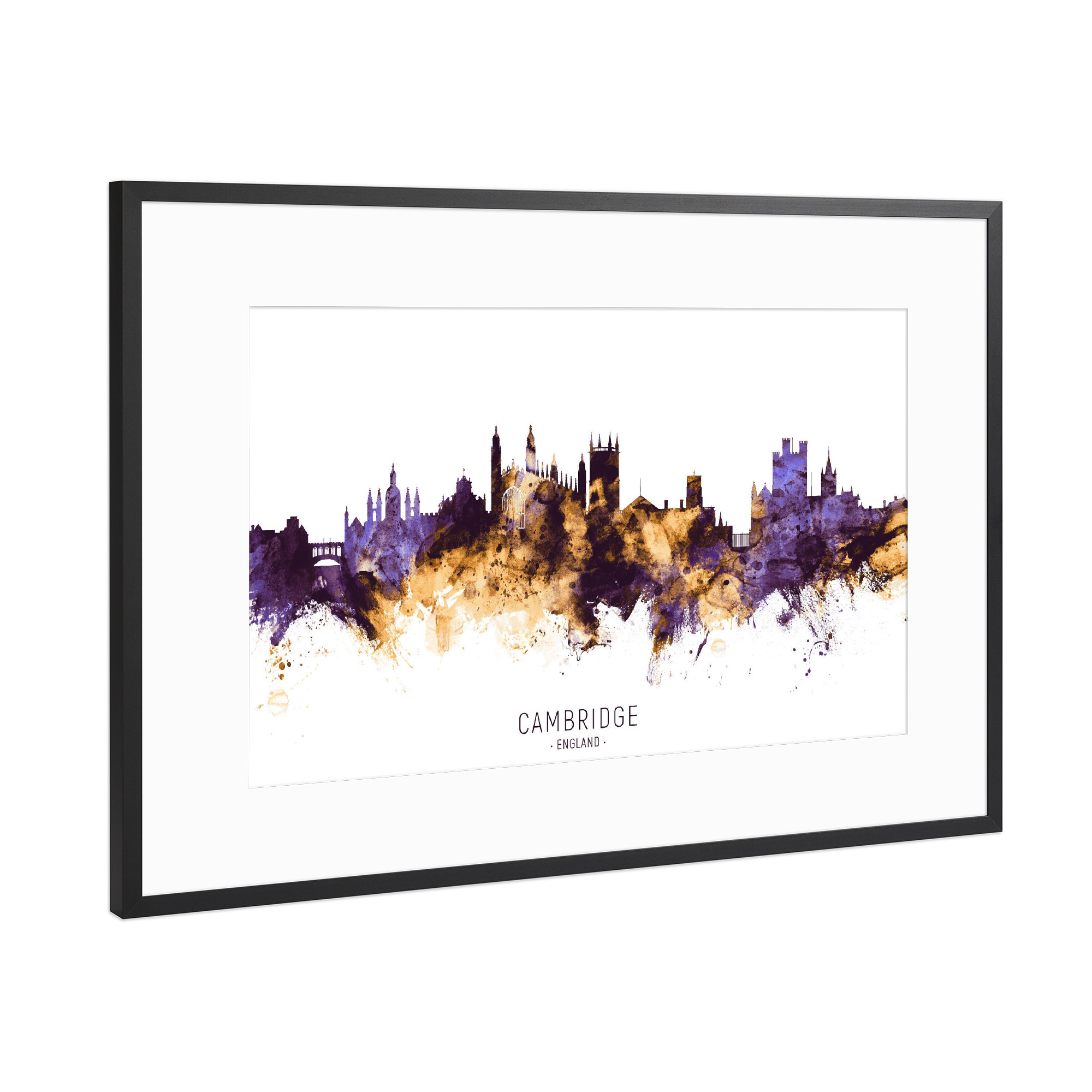 Poster mit Rahmen Schwarz (Metallic) "Cambridge Skyline PurpleGold" artboxONE - Städte