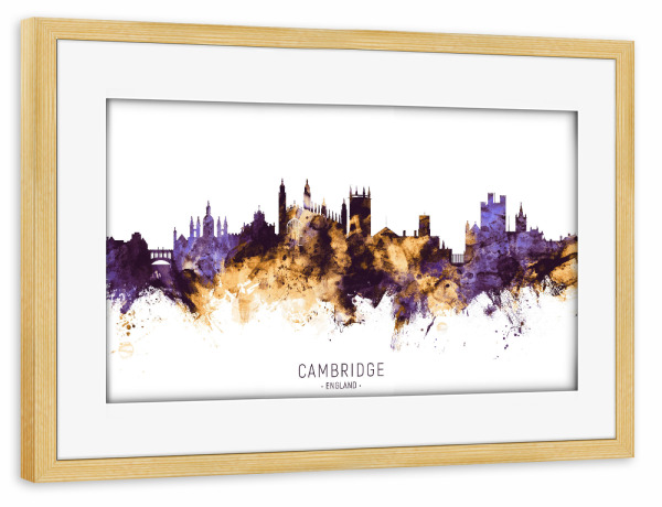 Poster mit Rahmen kiefer "Cambridge Skyline PurpleGold" artboxONE - Städte - Cambridge,England,Skyline,Cityscape,Stadtbild,Watercolor,Painting