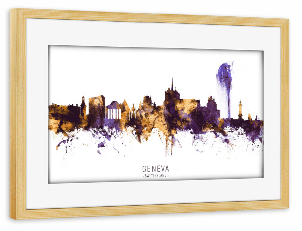 Poster mit Rahmen kiefer "Geneva Skyline Purple Gold" artboxONE - Städte - Geneva,Switzerland,Skyline,Cityscape,Stadtbild,Watercolor,Painting