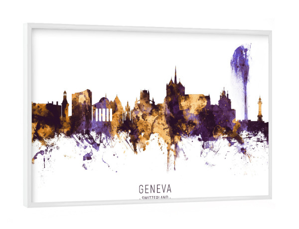 Poster mit weißem Rahmen "Geneva Skyline Purple Gold" artboxONE - Städte - Geneva,Switzerland,Skyline,Cityscape,Stadtbild,Watercolor,Painting
