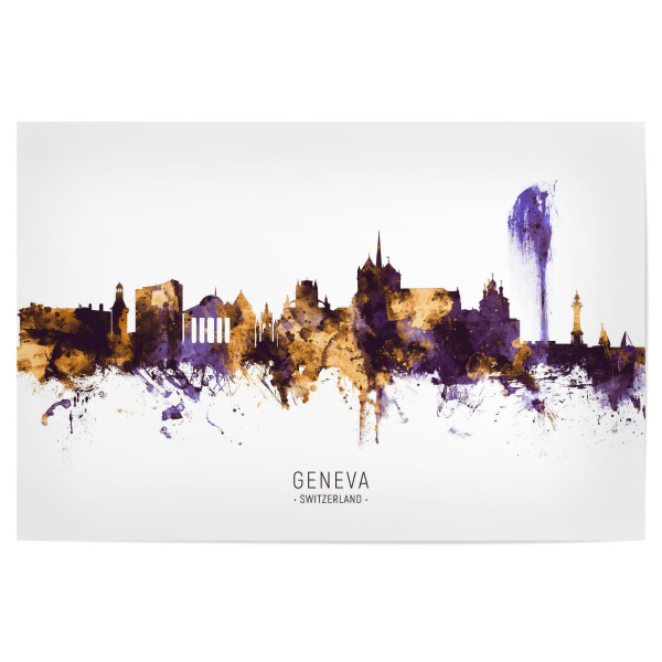 Poster 30x20 cm "Geneva Skyline Purple Gold" artboxONE - Städte - Geneva,Switzerland,Skyline,Cityscape,Stadtbild,Watercolor,Painting