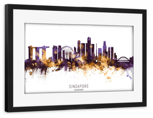 Poster mit Rahmen schwarz "Singapore Skyline PurpleGold" artboxONE - Städte / Singapur - Singapore,Skyline,Cityscape,Stadtbild,Watercolor,Painting