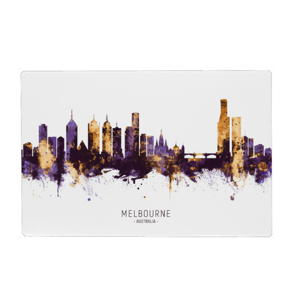 Metall Poster "Melbourne Skyline PurpleGold" artboxONE - Städte - Melbourne,Australia,Skyline,Cityscape,Stadtbild,Watercolor,Painting,City