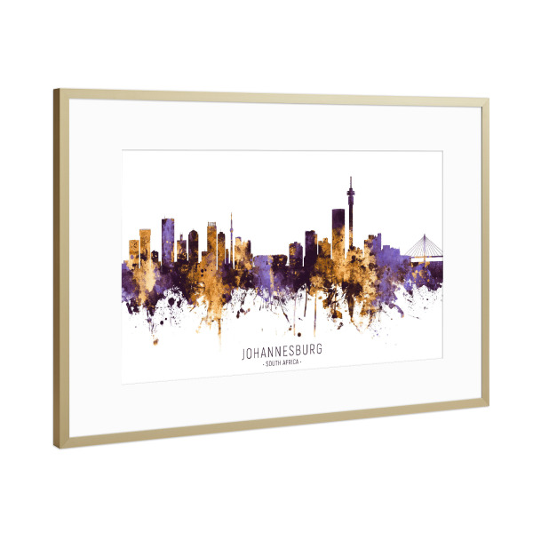 Poster mit Rahmen Gold "Johannesburg Skyline PurpleGold" artboxONE - Städte