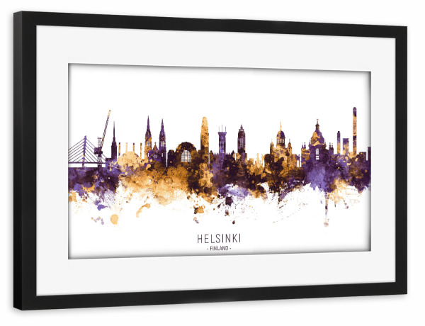 Poster mit Rahmen schwarz "Helsinki Skyline PurpleGold" artboxONE - Städte,Architektur
