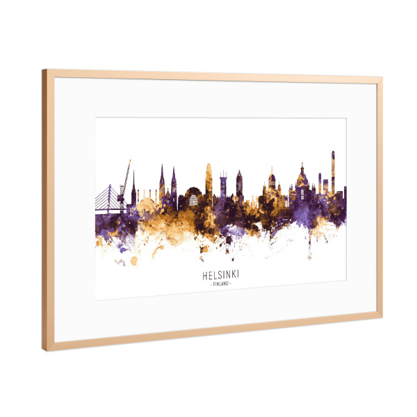 Poster mit Rahmen Kupfer "Helsinki Skyline PurpleGold" artboxONE - Städte,Architektur