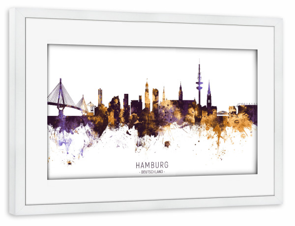 Poster mit Rahmen weiß "Hamburg Skyline PurpleGold" artboxONE - Städte / Hamburg - Hamburg,Germany,Skyline,Cityscape,Stadtbild,Watercolor,Painting