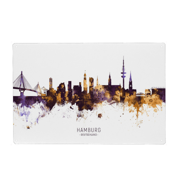 Metall Poster "Hamburg Skyline PurpleGold" artboxONE - Städte / Hamburg - Hamburg,Germany,Skyline,Cityscape,Stadtbild,Watercolor,Painting
