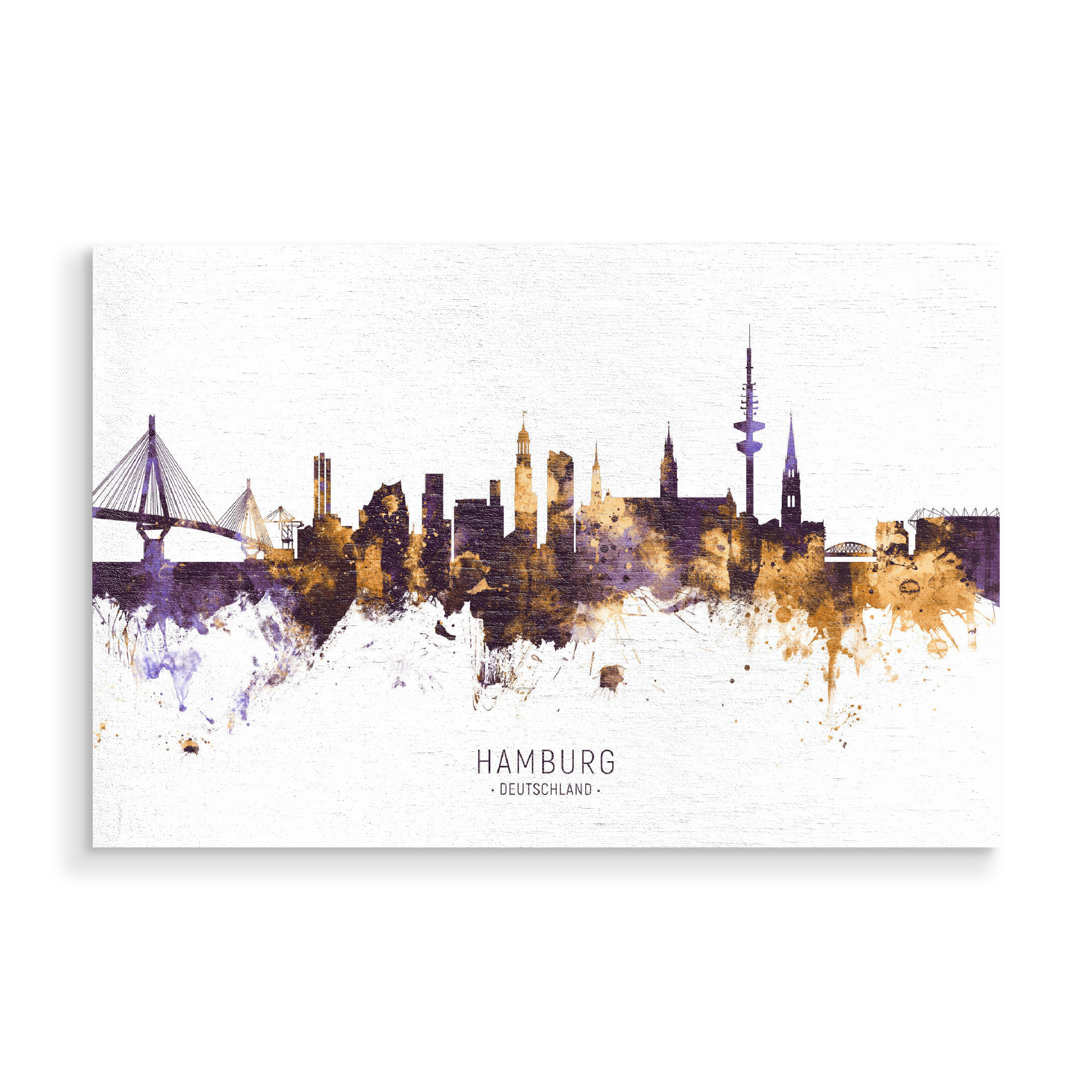 Holzbild "Hamburg Skyline PurpleGold" artboxONE - Städte / Hamburg - Hamburg,Germany,Skyline,Cityscape,Stadtbild,Watercolor,Painting