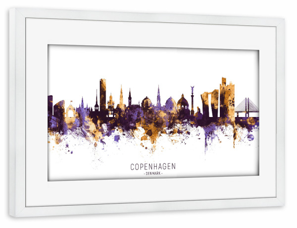 Poster mit Rahmen weiß "Copenhagen Skyline PurpleGold" artboxONE - Städte / København