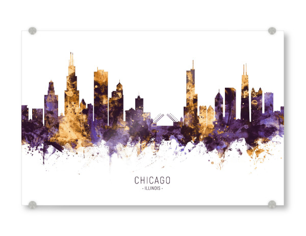 Acrylglasbild "Chicago Skyline PurpleGold" artboxONE - Städte / Chicago - Chicago,Illinois,Skyline,Cityscape,Stadtbild,Watercolor,Painting,Usa