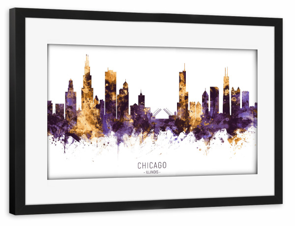 Poster mit Rahmen schwarz "Chicago Skyline PurpleGold" artboxONE - Städte / Chicago