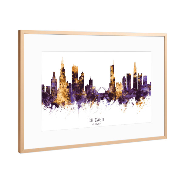 Poster mit Rahmen Kupfer "Chicago Skyline PurpleGold" artboxONE - Städte / Chicago