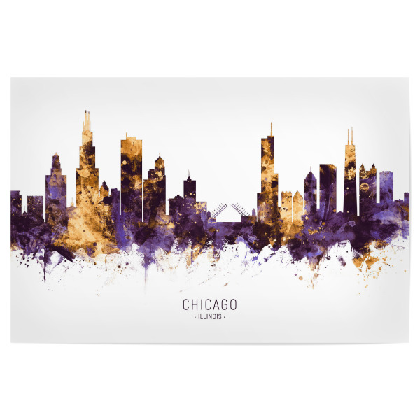 Poster "Chicago Skyline PurpleGold" artboxONE - Städte / Chicago - Chicago,Illinois,Skyline,Cityscape,Stadtbild,Watercolor,Painting,Usa