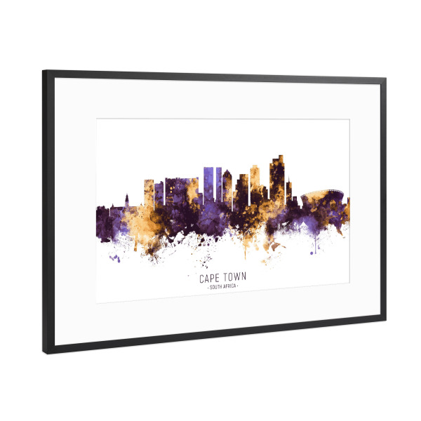 Poster mit Rahmen Schwarz (Metallic) "Cape Town Skyline PurpleGold" artboxONE - Städte