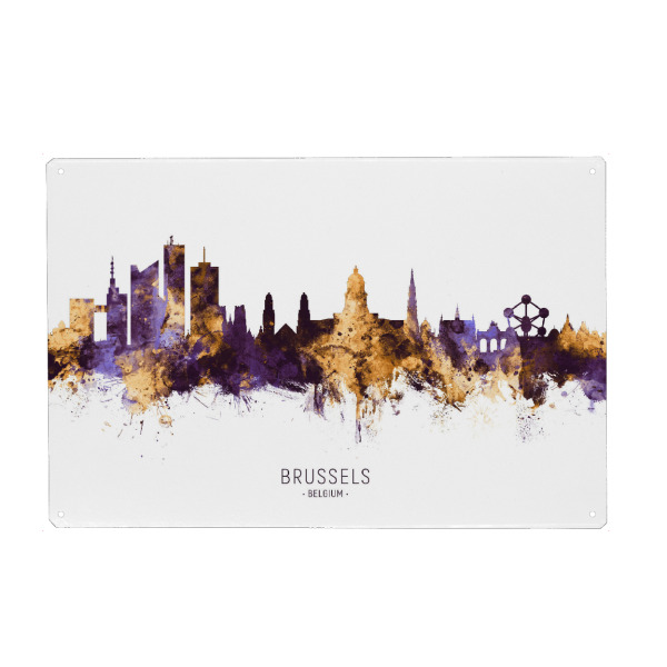 Metall Poster "Brussels Skyline PurpleGold" artboxONE - Städte - Brussels,Belgium,Skyline,Cityscape,Stadtbild,Watercolor,Painting - Blechschild