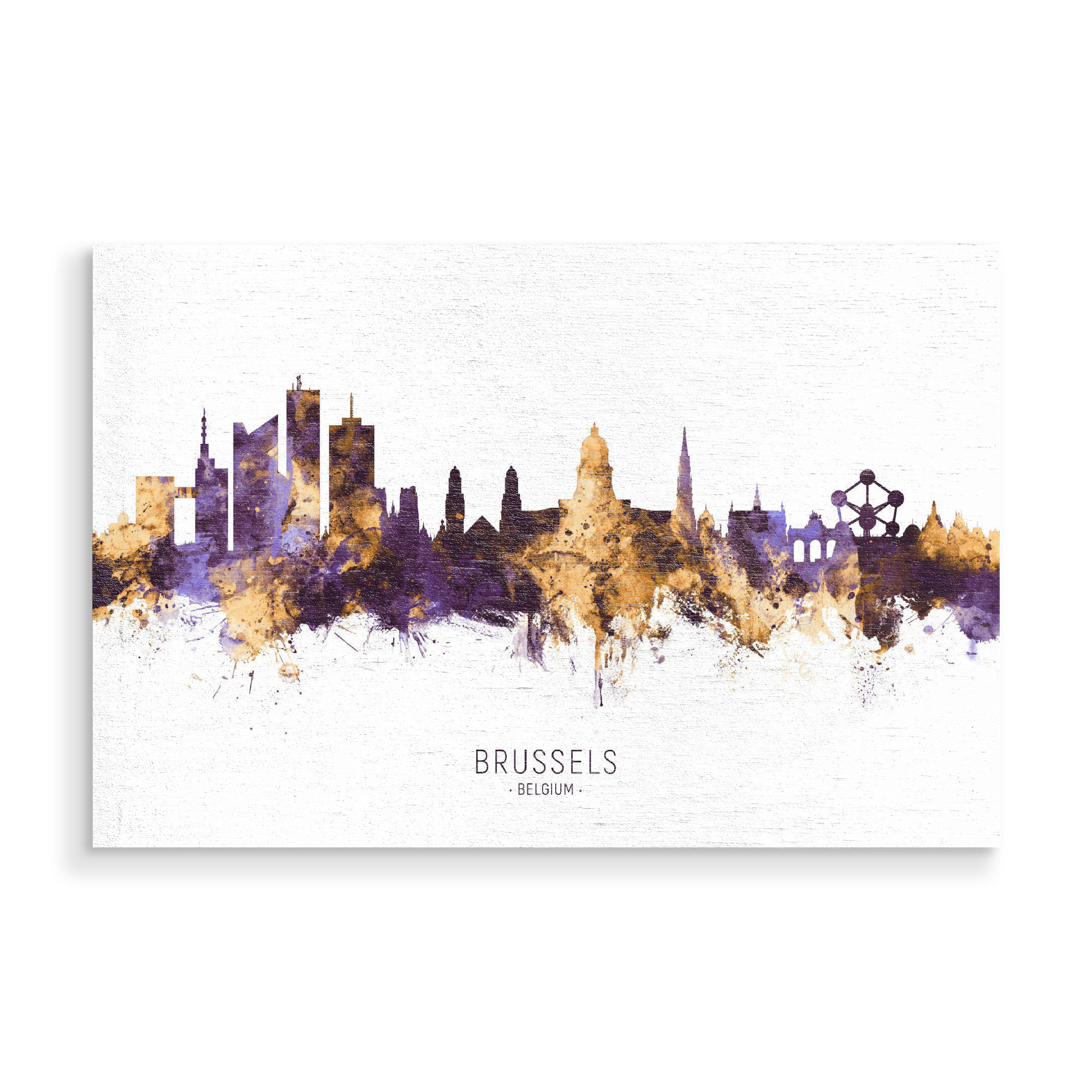 Holzbild "Brussels Skyline PurpleGold" artboxONE - Städte - Brussels,Belgium,Skyline,Cityscape,Stadtbild,Watercolor,Painting