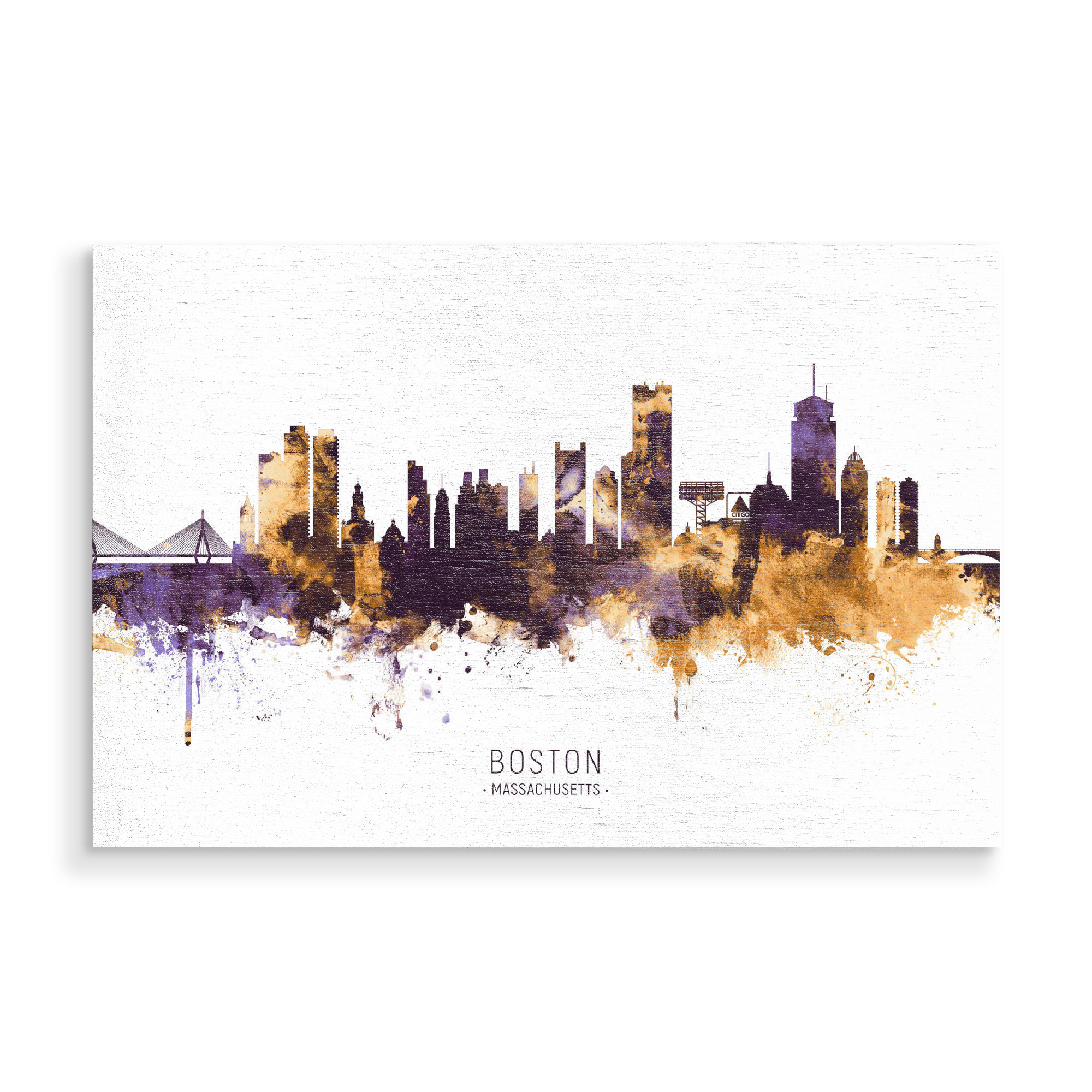 Holzbild "Boston MA Skyline PurpleGold" artboxONE - Städte / Boston - Boston,Massachusetts,Skyline,Cityscape,Stadtbild,Watercolor,Painting
