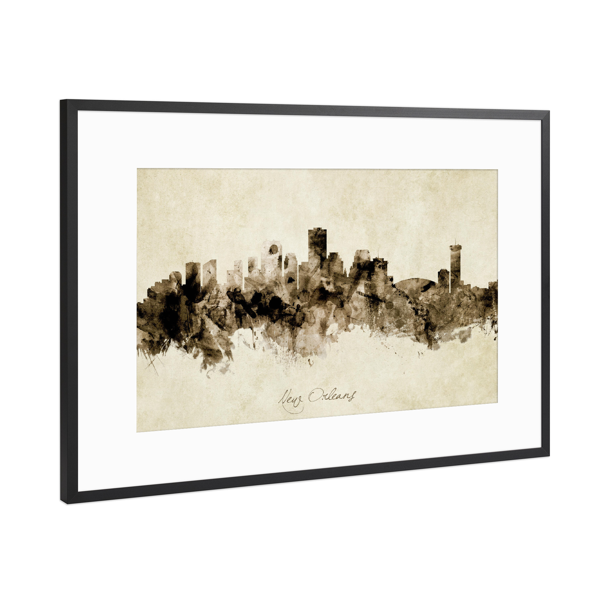 Poster mit Rahmen Schwarz (Metallic) "New Orleans Skyline Sepia" artboxONE - Städte