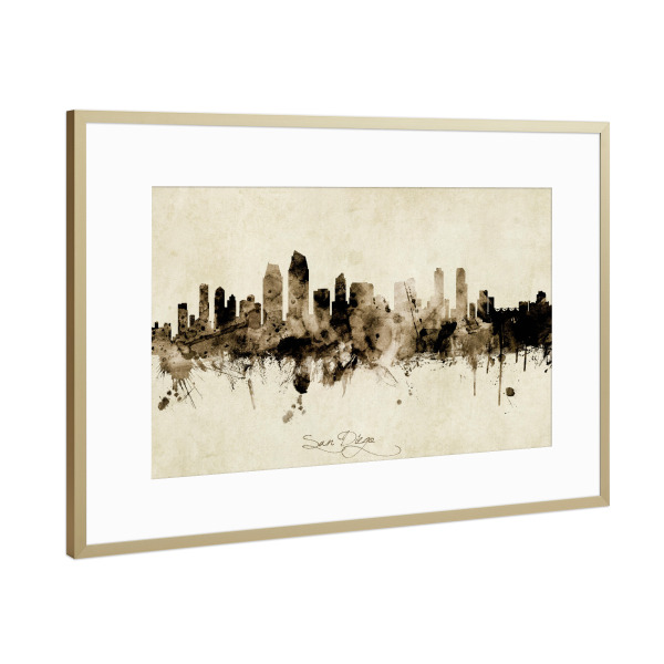 Poster mit Rahmen Gold "San Diego California Skyline Sepia" artboxONE - Städte - San diego,California,Skyline,Cityscape,Stadtbild,Watercolor,Painting