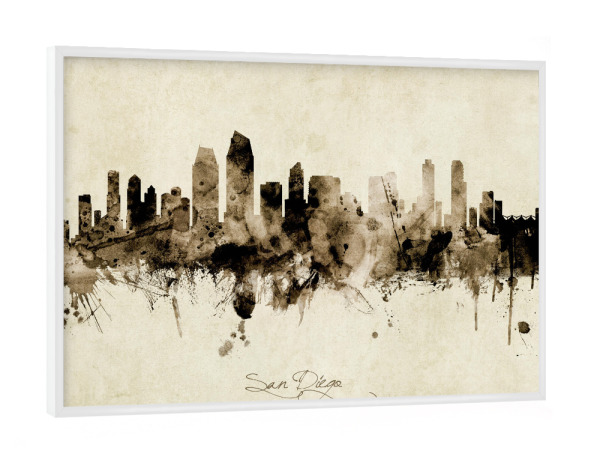 Poster mit weißem Rahmen "San Diego California Skyline Sepia" artboxONE - Städte