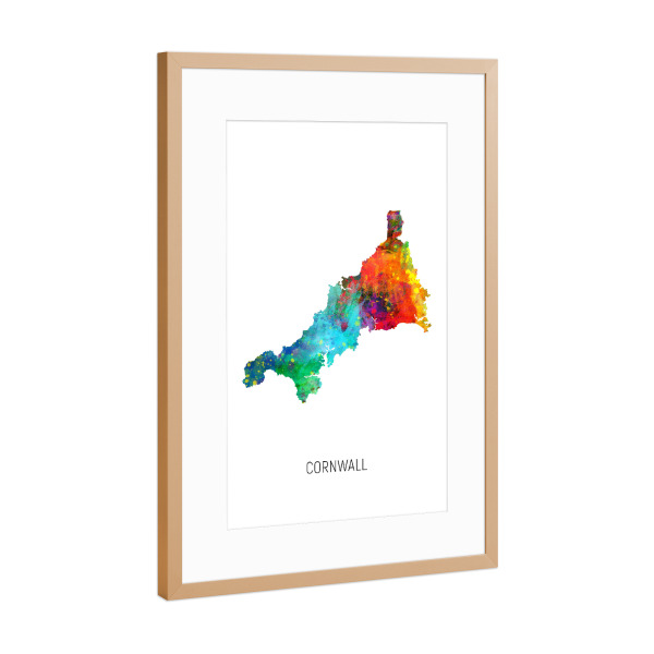 Poster mit Rahmen Kupfer "Cornwall Watercolor Map" artboxONE - Kartografie - Cornwall,Map,Watercolor,Painting
