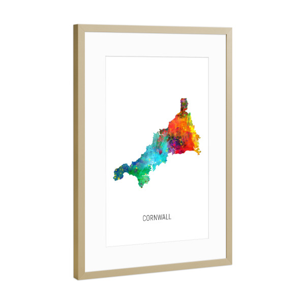 Poster mit Rahmen Gold "Cornwall Watercolor Map" artboxONE - Kartografie - Cornwall,Map,Watercolor,Painting