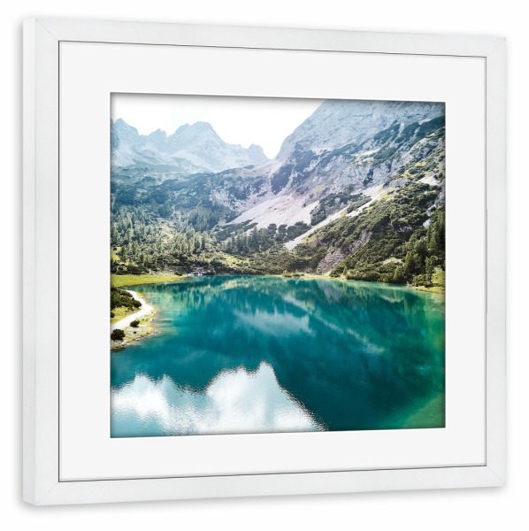 Poster mit Rahmen weiß "See in Österreich" artboxONE - Natur - See,Berge,Wald,Bäume,Steine