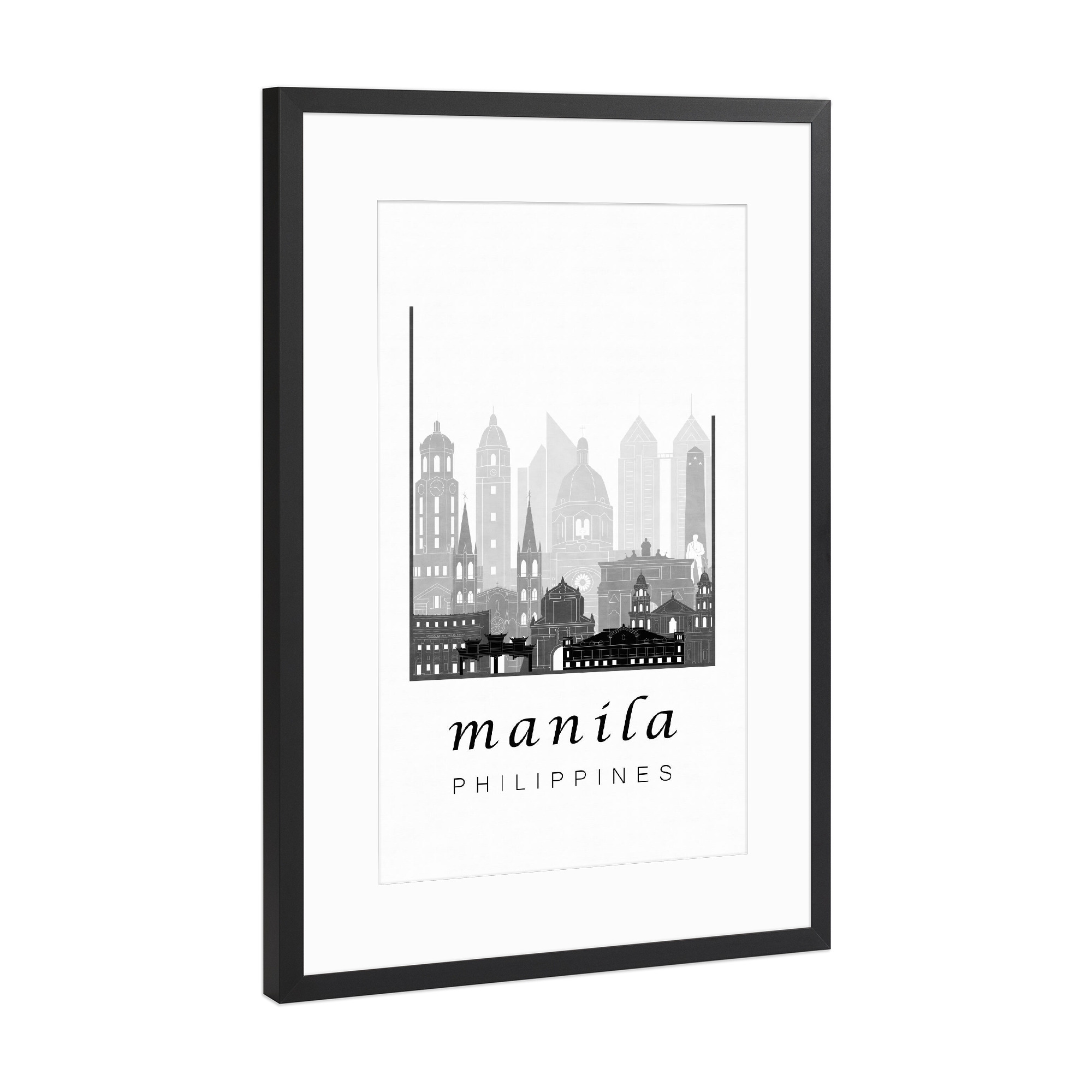 Poster mit Rahmen Schwarz (Metallic) "Manila skyline black & white" artboxONE - Städte,Schwarzweiß,Kartografie