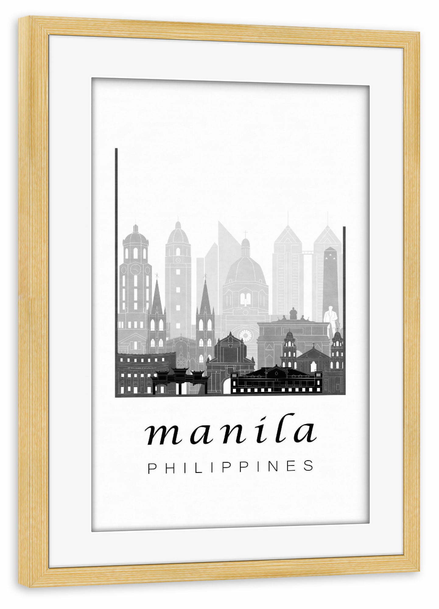 Poster mit Rahmen kiefer "Manila skyline black & white" artboxONE - Städte,Schwarzweiß,Kartografie