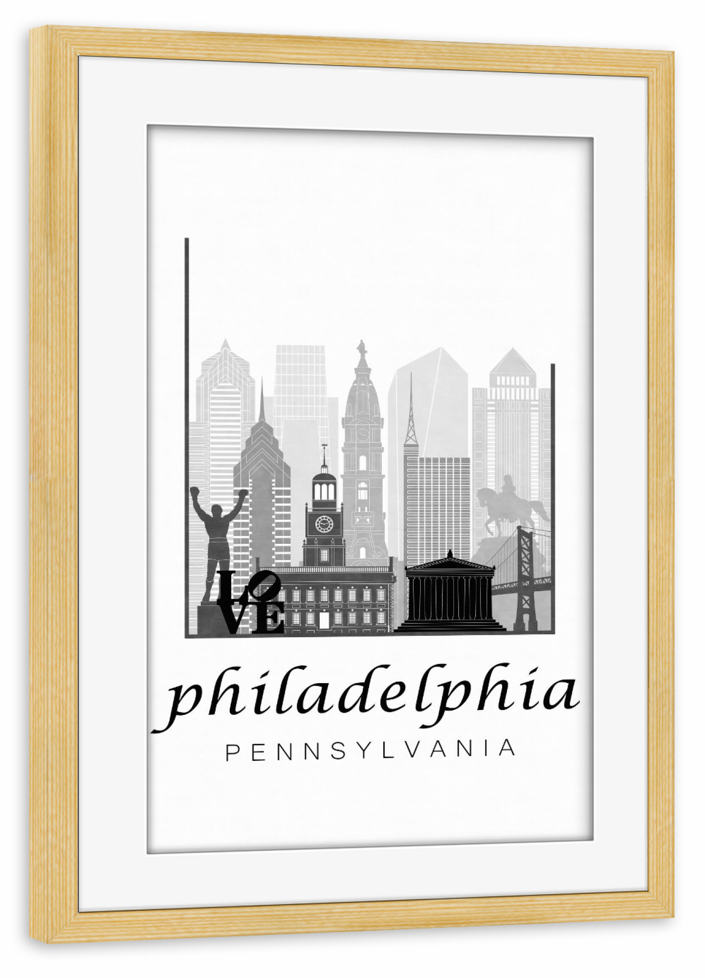 Poster mit Rahmen kiefer "Philadelphia skyline black & white" artboxONE - Städte,Schwarzweiß,Kartografie