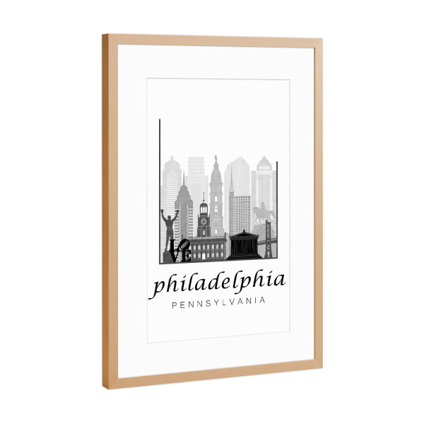 Poster mit Rahmen Kupfer "Philadelphia skyline black & white" artboxONE - Städte,Schwarzweiß,Kartografie