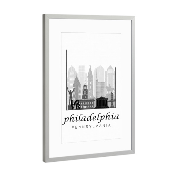 Poster mit Rahmen Silber "Philadelphia skyline black & white" artboxONE - Städte,Schwarzweiß,Kartografie