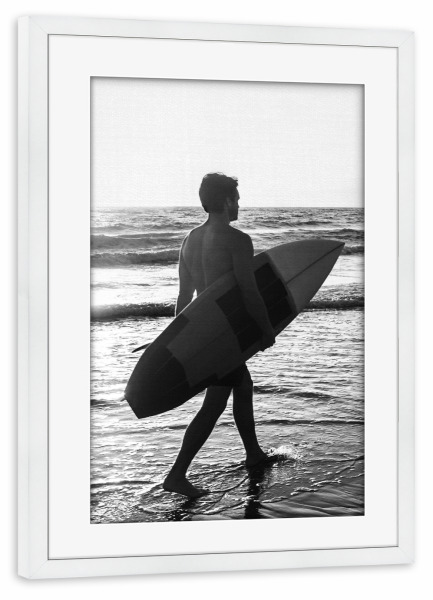 Poster mit Rahmen weiß "Surf Man" artboxONE - Schwarzweiß,Reise / Strand und Meer,Sport