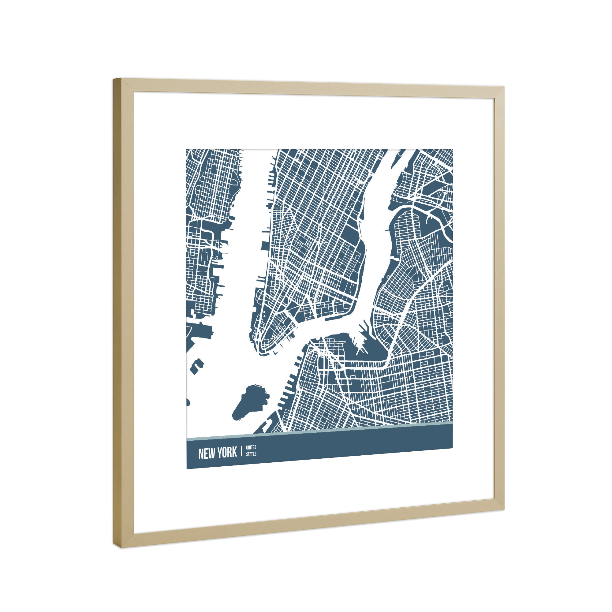 Poster mit Rahmen Gold "New York map blue" artboxONE - Städte,Städte / New York,Reise - New york,Usa,Blue,Urban,Streets,Minimal,City
