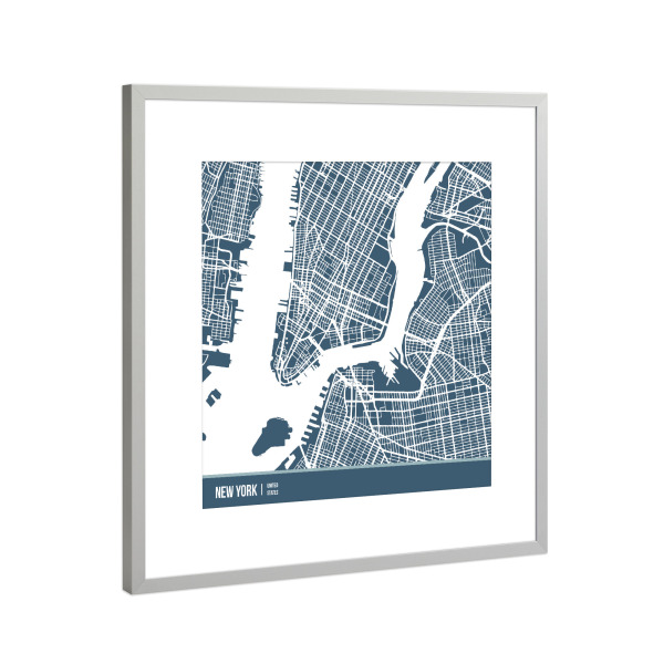 Poster mit Rahmen Silber "New York map blue" artboxONE - Städte,Städte / New York,Reise - New york,Usa,Blue,Urban,Streets,Minimal,City