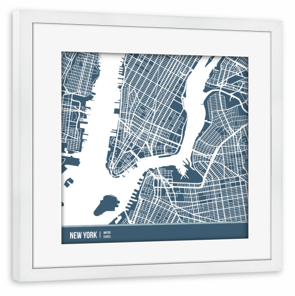 Poster mit Rahmen weiß "New York map blue" artboxONE - Städte,Städte / New York,Reise - New york,Usa,Blue,Urban,Streets,Minimal,City