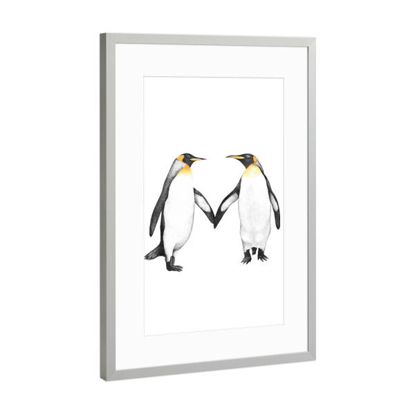 Poster mit Rahmen Silber "Royal Penguins" artboxONE - Tiere,Schwarzweiß,Liebe - Penguin,Penguins,Royal penguin,Black and white,Cute