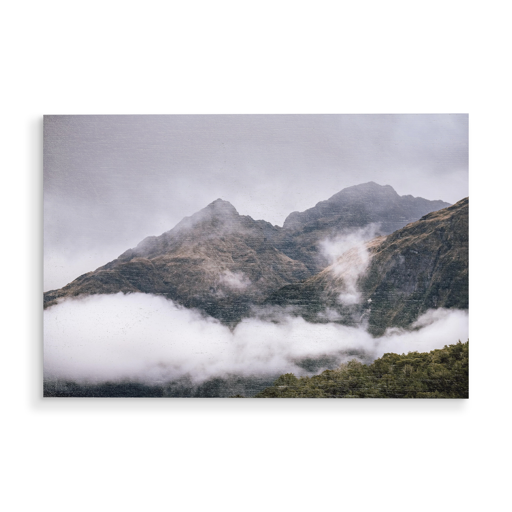 Holzbild "Fiordlands" artboxONE - Natur,Reise - Berge,Nebel,Mystisch,Stimmung,Wolken,Gebirge,Neuseeland,Natur,Landschaft,Reise,Wald,Wanderlust