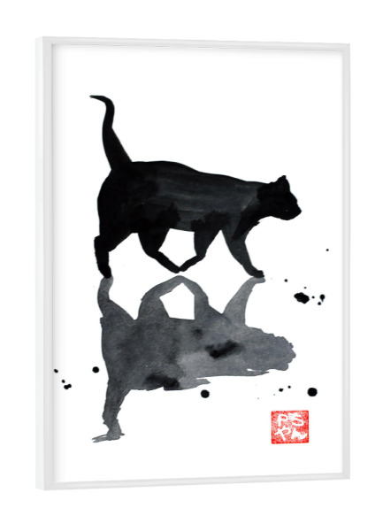 Poster mit weißem Rahmen "Flaque d'eau" artboxONE - Tiere,Schwarzweiß - Cat,Katze,Neko,Chat,Sumie,Japan