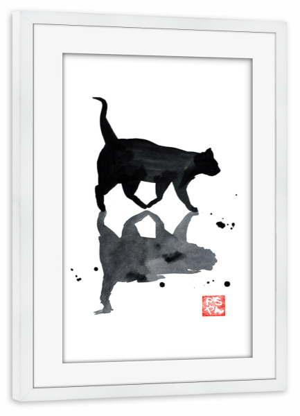 Poster mit Rahmen weiß "Flaque d'eau" artboxONE - Tiere,Schwarzweiß - Cat,Katze,Neko,Chat,Sumie,Japan