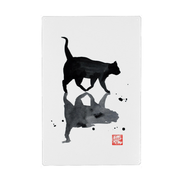 Holzbild "Flaque d'eau" artboxONE - Tiere,Schwarzweiß - Cat,Katze,Neko,Chat,Sumie,Japan