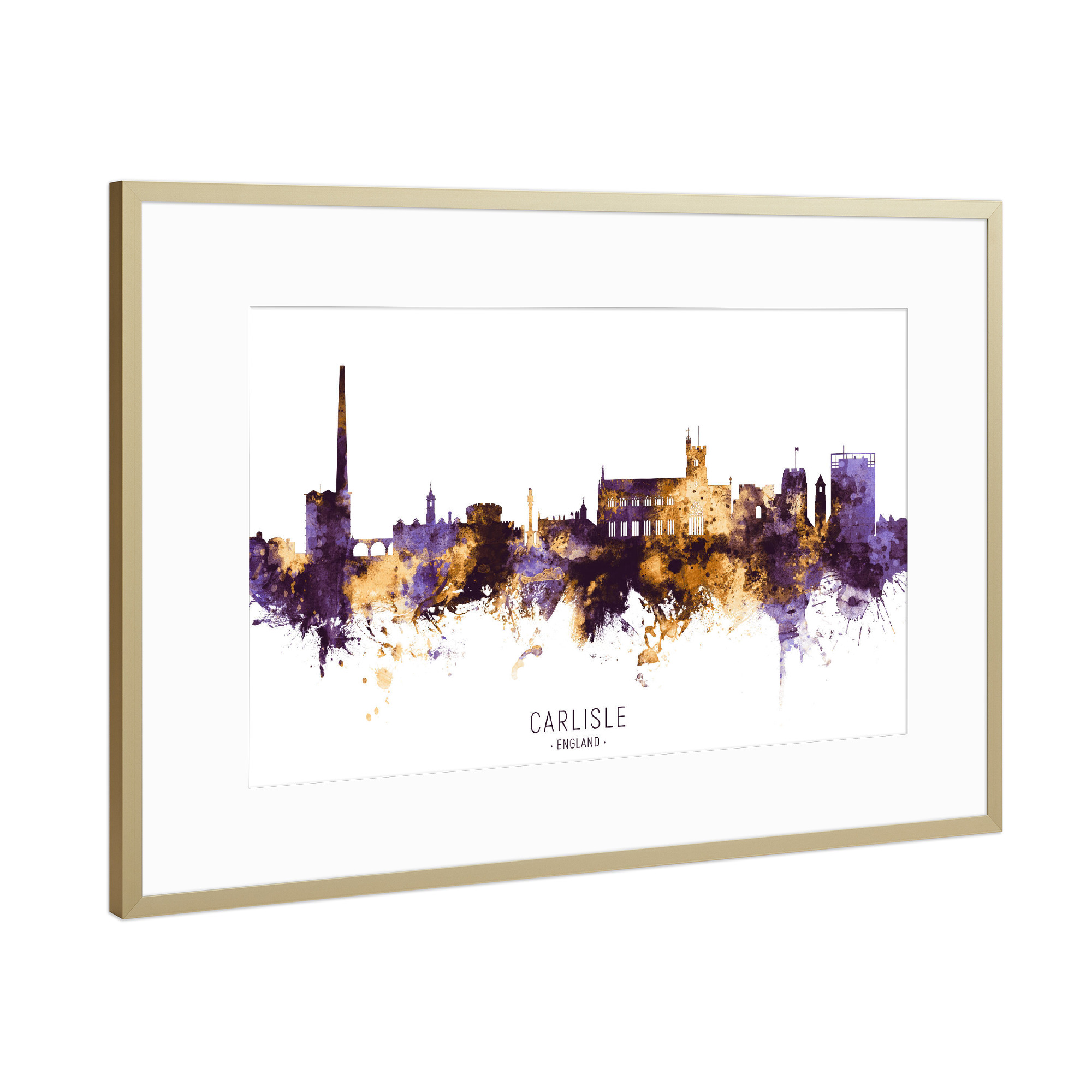 Poster mit Rahmen Gold "Carlisle Skyline PurpleGold" artboxONE - Städte - Carlisle,England,Skyline,Cityscape,Stadtbild,Watercolor,Painting,City