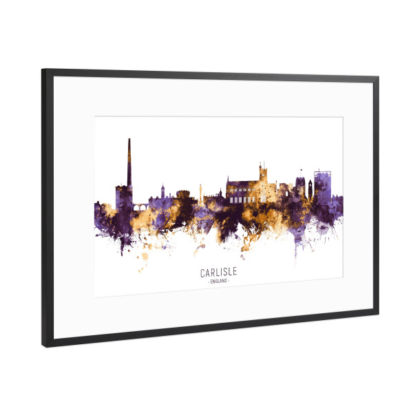 Poster mit Rahmen Schwarz (Metallic) "Carlisle Skyline PurpleGold" artboxONE - Städte